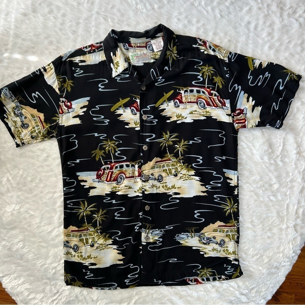 Mens Thumbs Up Hawaiian Button Down Shirt Black Volkswagen Surf Print Large